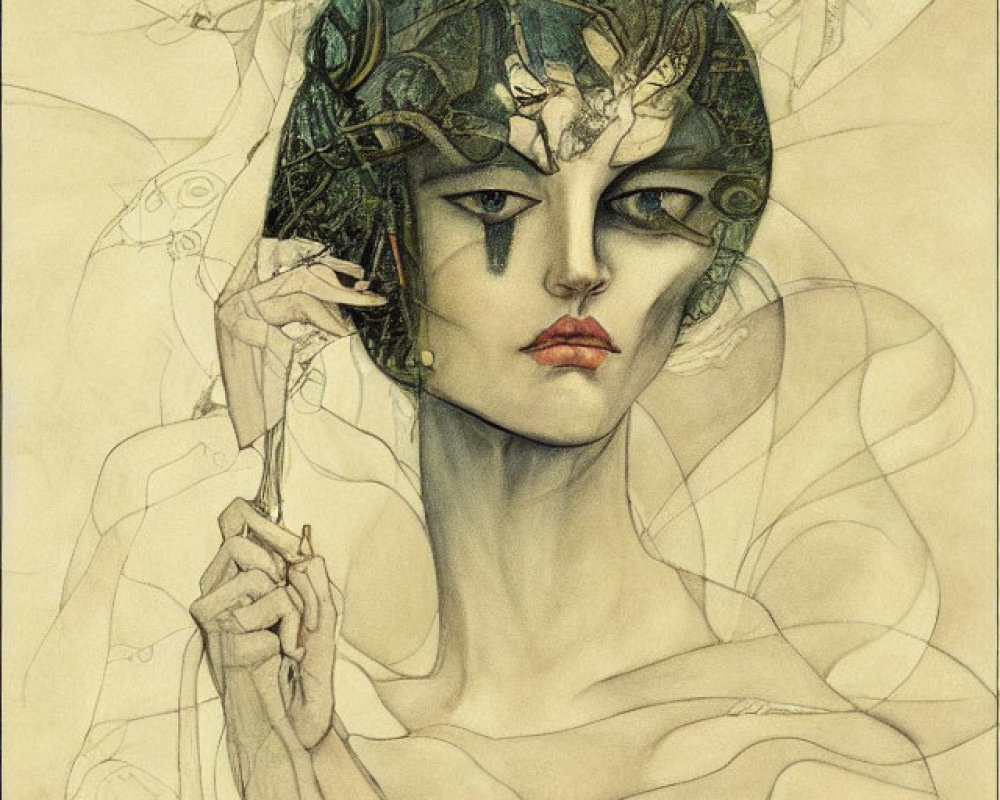 Illustrated portrait of mystical woman with headpiece and pen, ghostly figures in background.