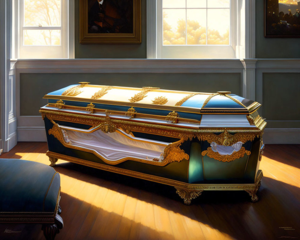 Gold-trimmed coffin in sunlit room with elegant decor and long shadows