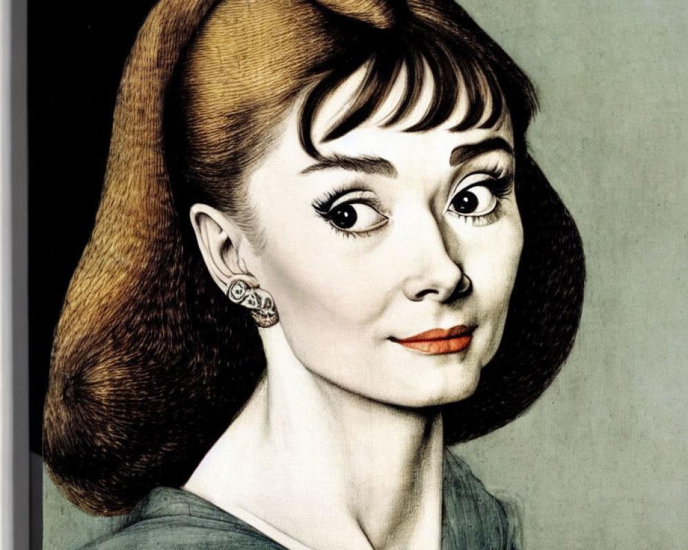 Stylized portrait of a woman with expressive eyes and chignon hairstyle