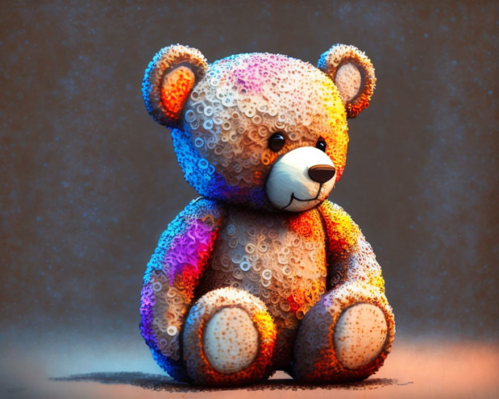 Colorful Glitter Teddy Bear Against Dark Background