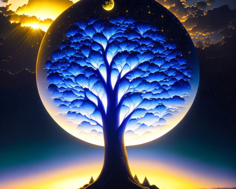 Majestic blue tree in night sky with full moon & sunset clouds