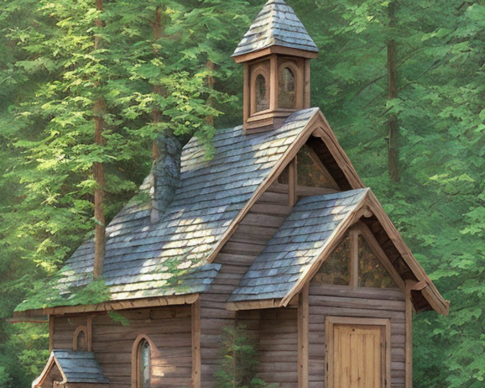 Wooden Chapel with Cross in Pine Forest Illuminated by Soft Light