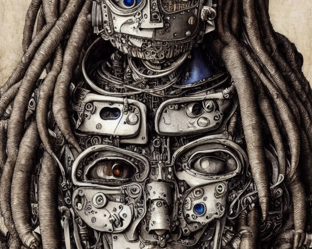 Detailed Illustration of Two Robotic Heads with Cables and Mechanical Parts