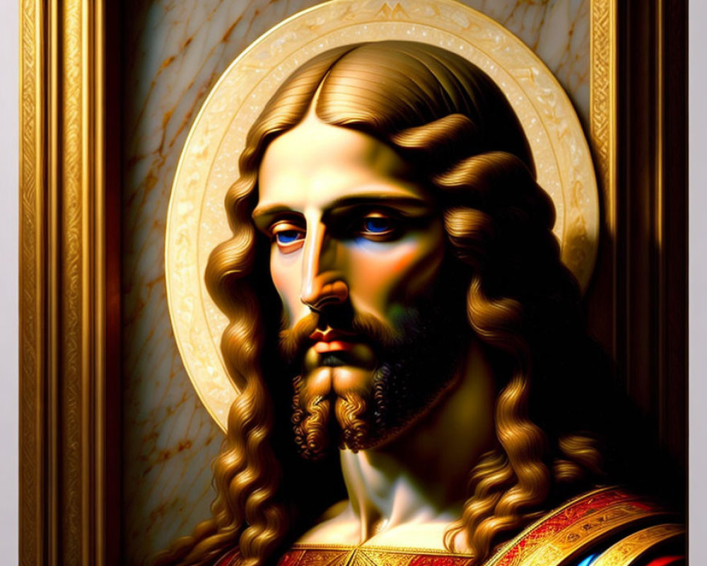 Stylized illustration of solemn Jesus with golden halo on marble backdrop