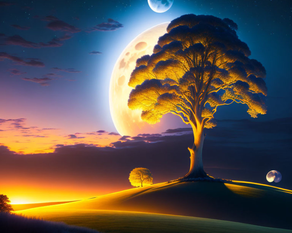 Twilight surreal landscape with glowing tree, moons, stars, and gradient sky