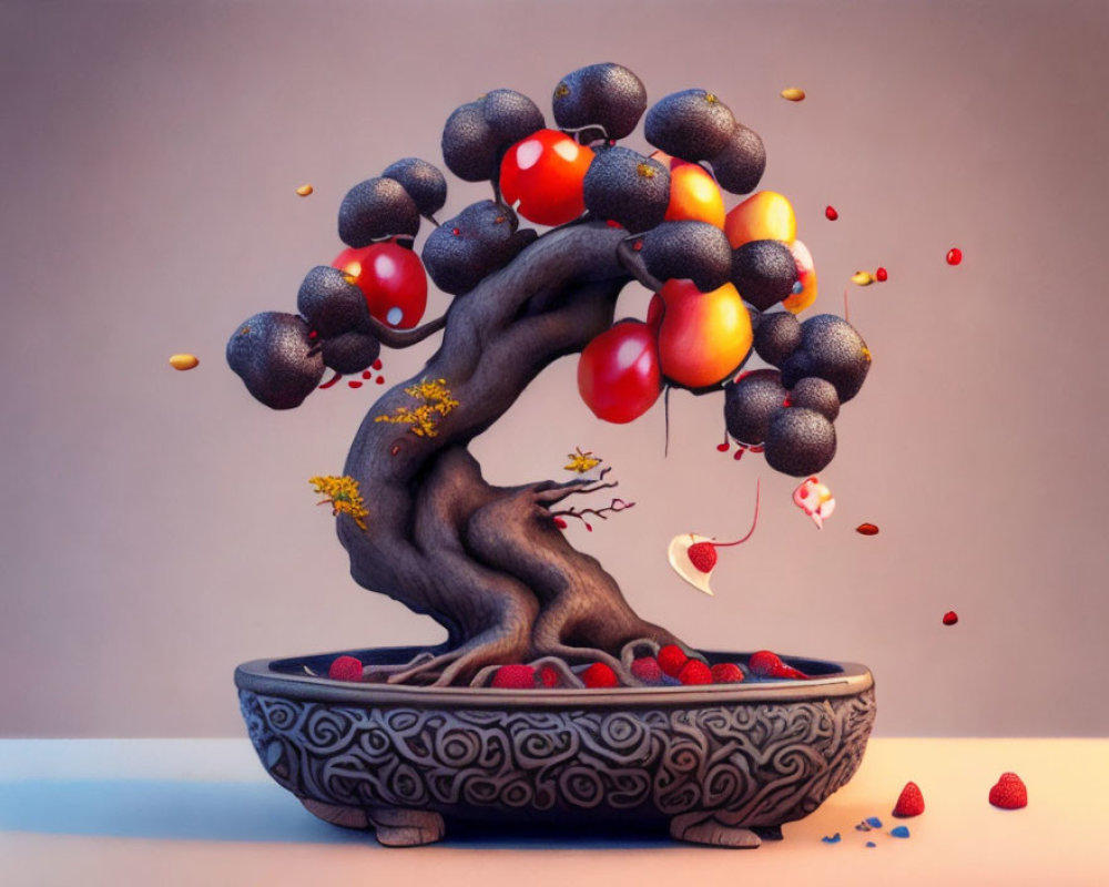 Stylized bonsai tree with black foliage and red-yellow fruits in ornate pot