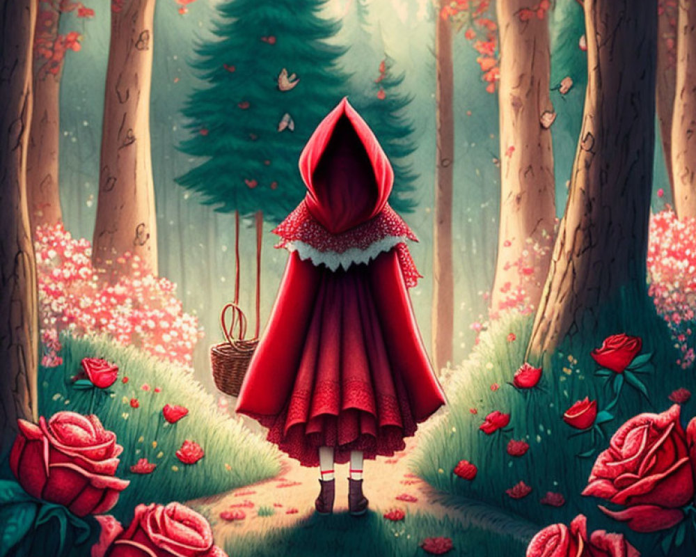 Girl in red cloak with basket in vibrant forest with red roses and tall trees.