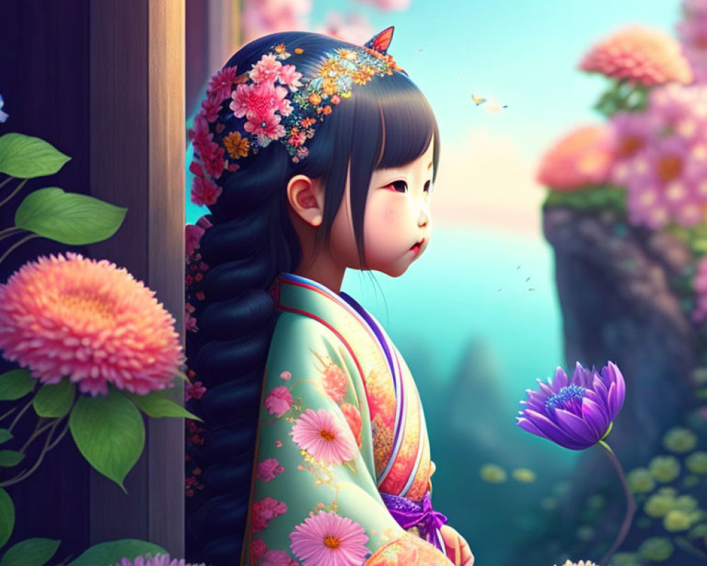 Young girl in floral kimono admires vibrant landscape