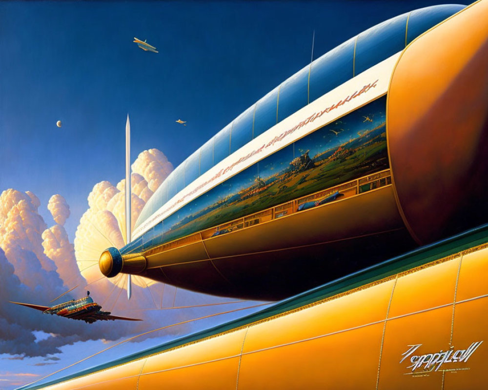 Retro-futuristic airship with painted landscape on dramatic sky