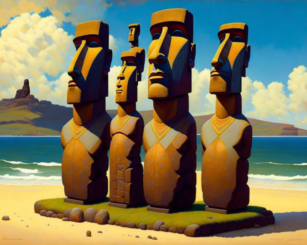 Stylized moai statues with headdresses in coastal landscape