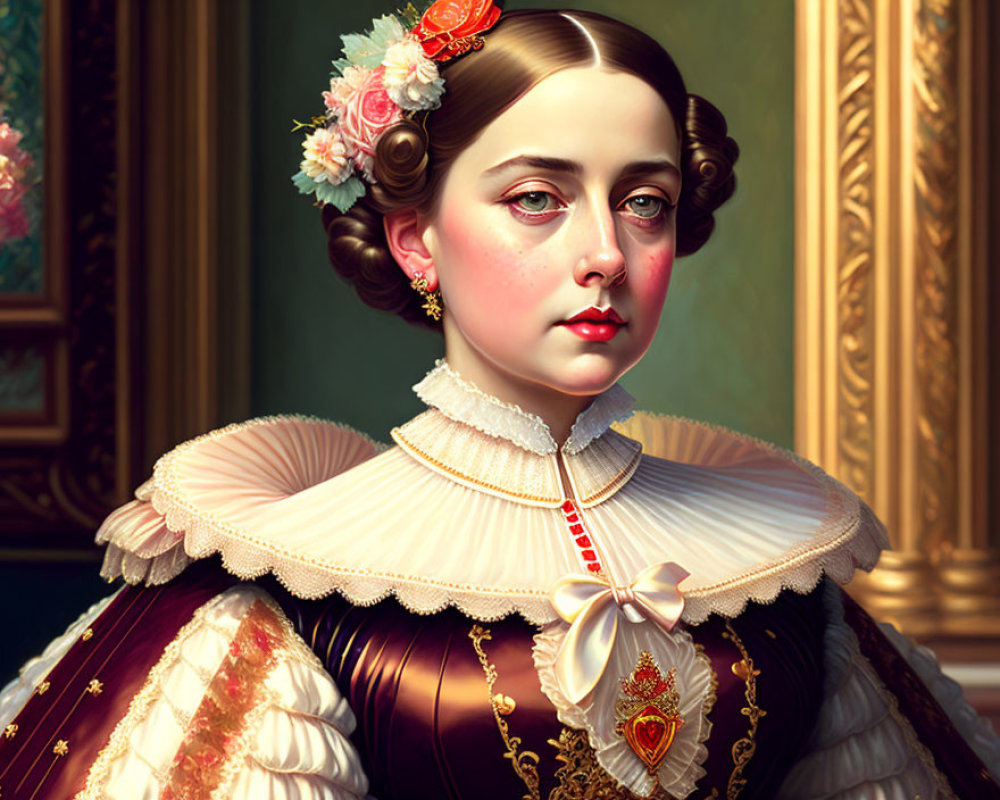 Historical portrait of a woman in maroon dress with ruffled collar