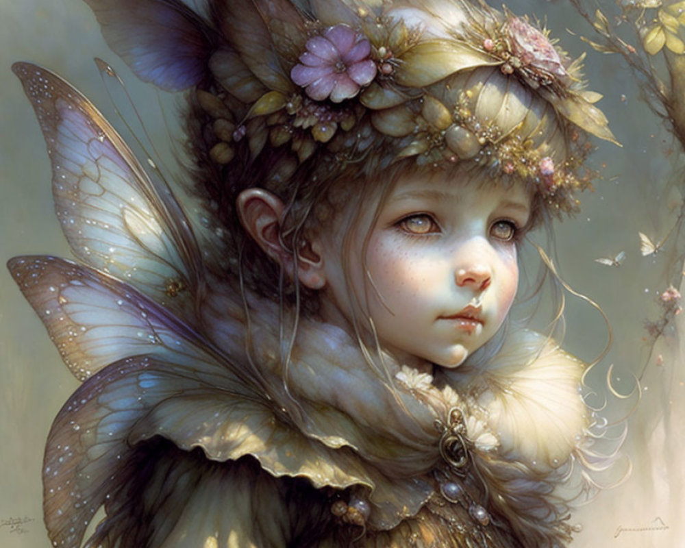 Child with fairy wings and floral crown in dreamy painting