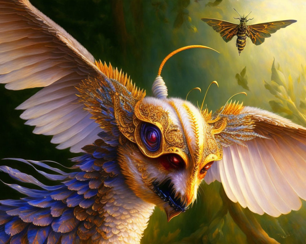 Golden-embellished owl with vibrant blue feathers and hovering bee in soft light