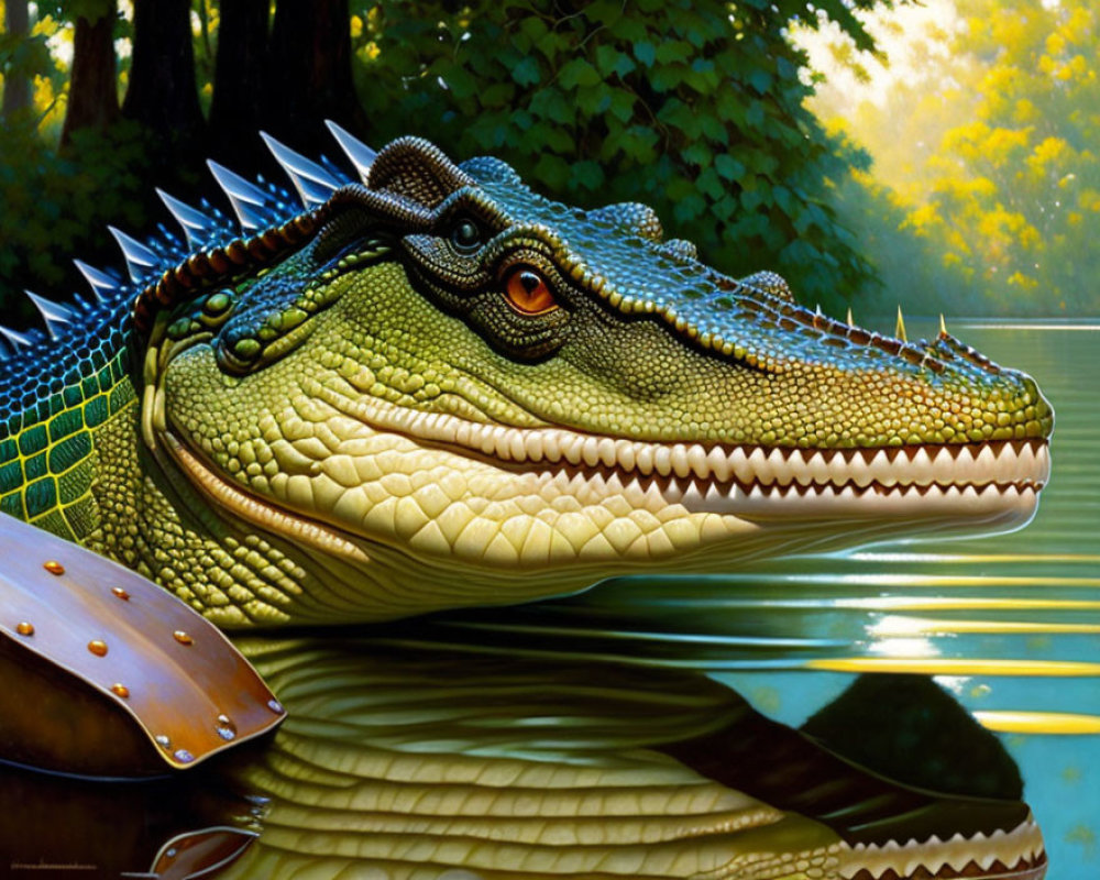 Detailed Alligator Head Painting with Vibrant Green Scales and Amber Eyes