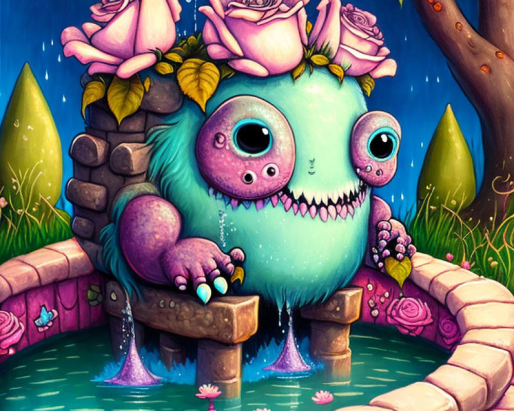 Illustration of Cute Blue Monster in Stone Well with Pink Roses