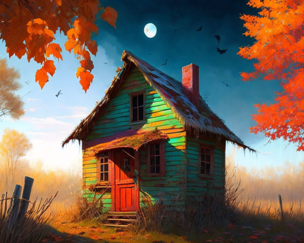 Cozy wooden cottage with red door in autumn scene