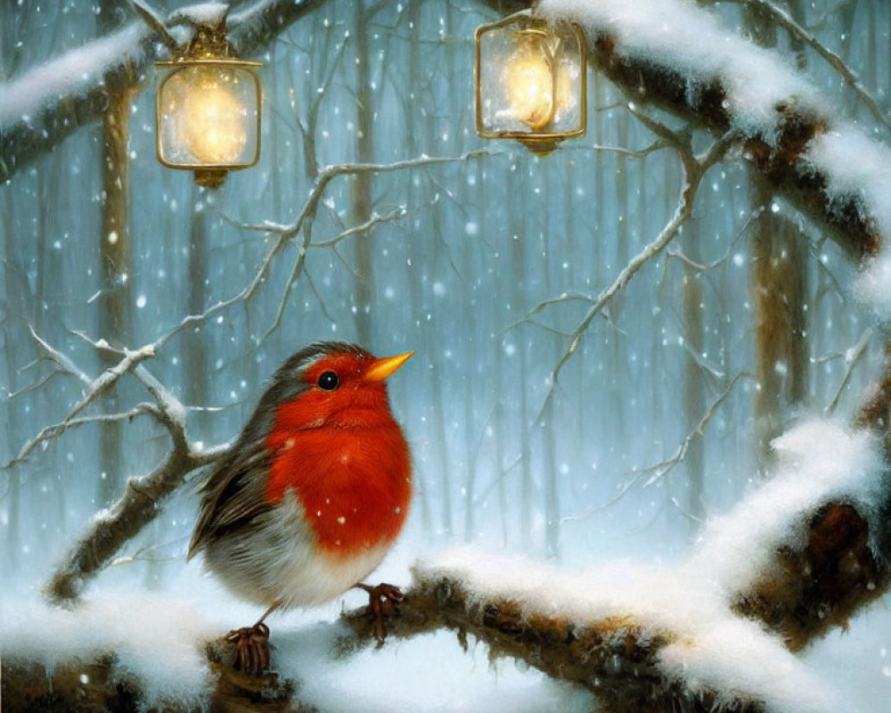 Red-Chested Bird on Snow-Covered Branch with Lanterns in Winter Scene