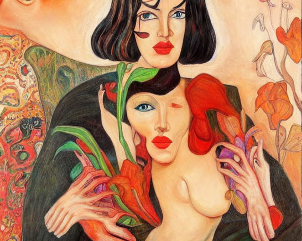Abstract painting of two women with accentuated features and warm hues.