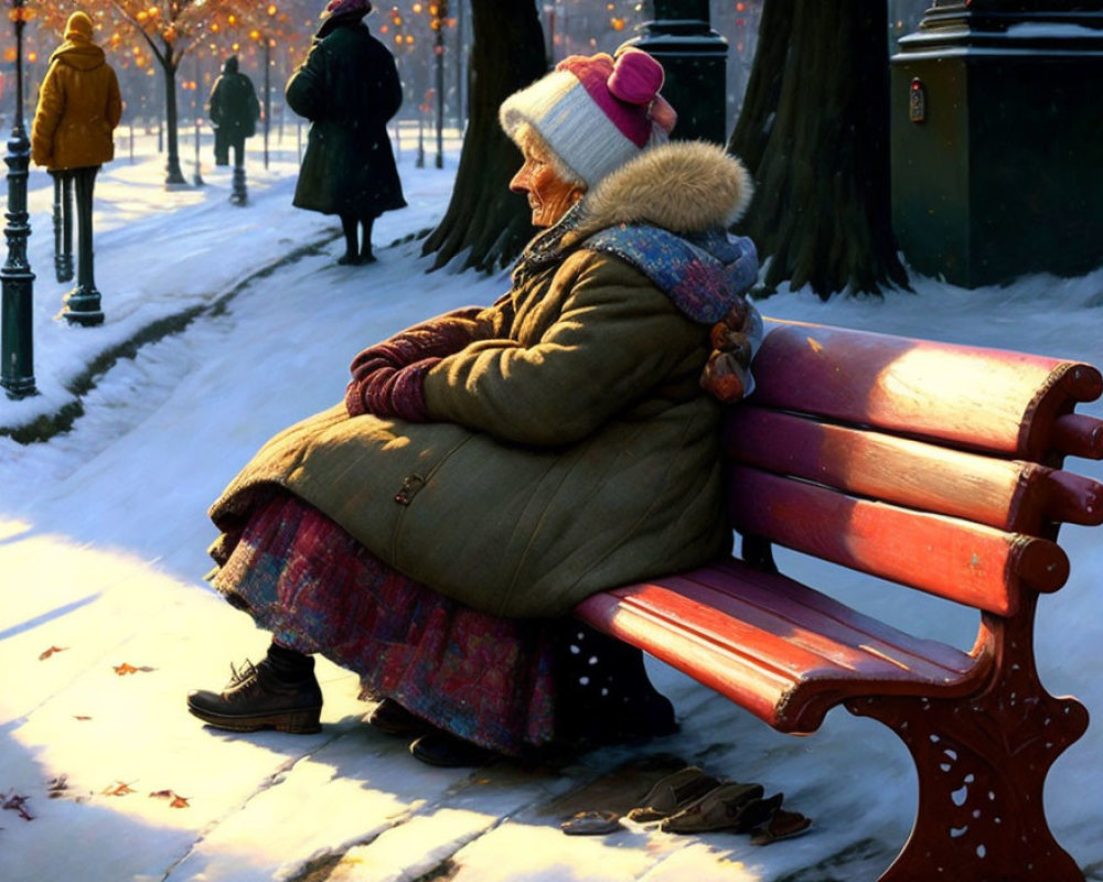 Elderly person in coat and hat sitting on snowy park bench with passersby and street lamps