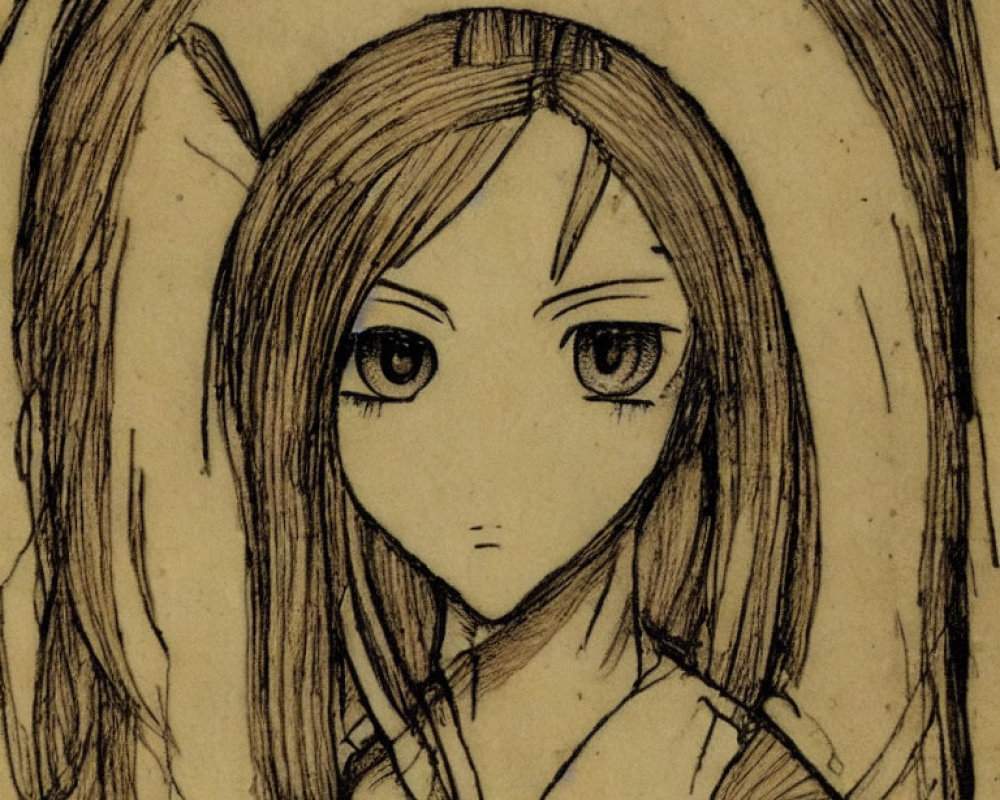 Sepia-toned sketch of a young female with large eyes and long hair