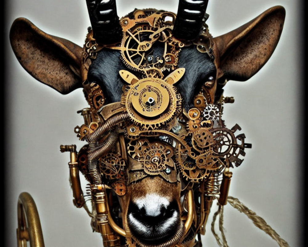 Steampunk-inspired goat head sculpture with mechanical gears and brass instruments.