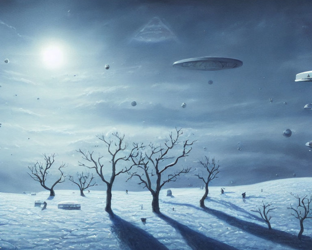 Snowy Night Landscape with UFOs and Moonlit Sky