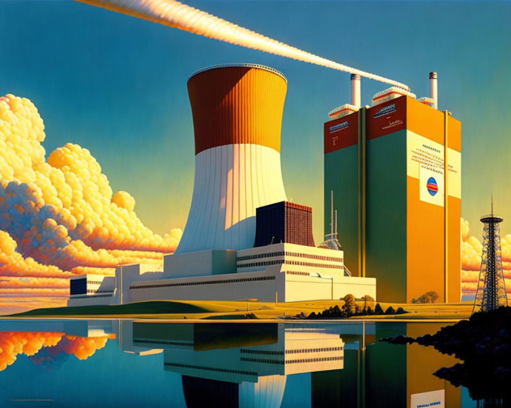 Colorful Stylized Nuclear Power Plant Illustration with Cooling Tower, Reactor Building, and Smoke