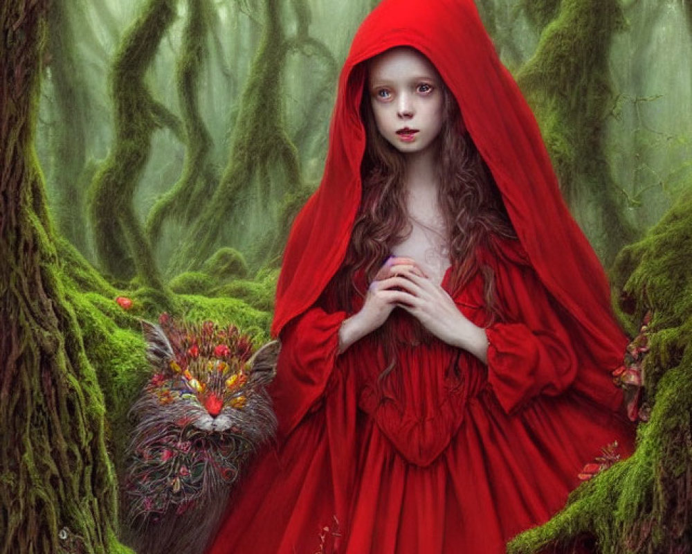 Girl in Red Cape in Mystical Forest with Hidden Creature