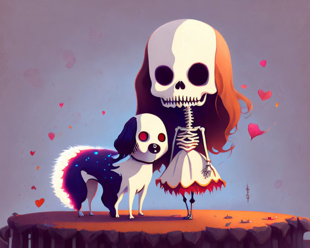 Whimsical skeleton and dog illustration on cliff with floating hearts