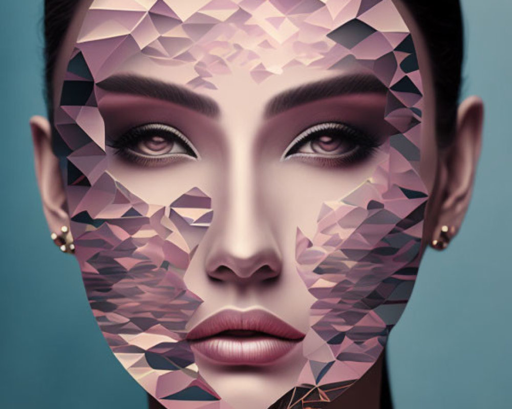 Digital artwork featuring woman's face with realistic detail on one side and geometric shapes on the other