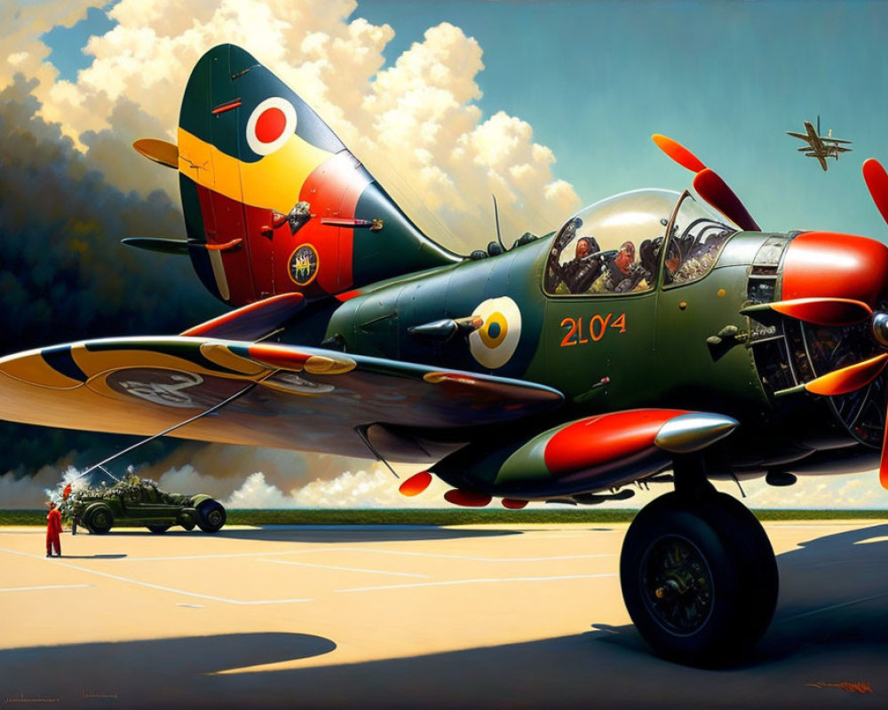 Colorful Vintage Military Aircraft and Pilot Ready for Takeoff