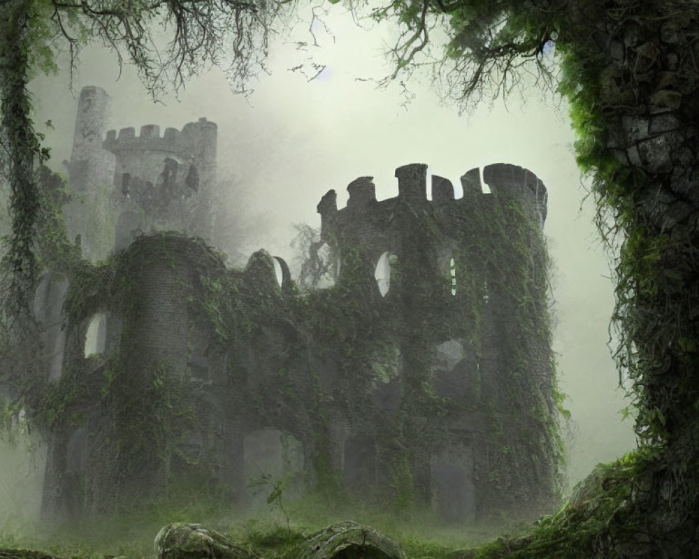 Ivy-clad castle ruins in misty, overgrown setting