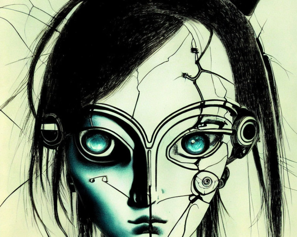 Detailed drawing of humanoid figure with cybernetic eye piece and mechanical details on sketch-like background