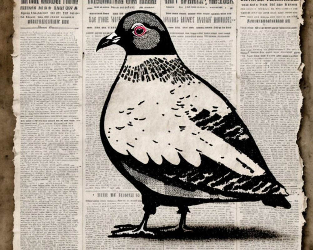 Stylized pigeon illustration on vintage newspaper background with red-eye detail