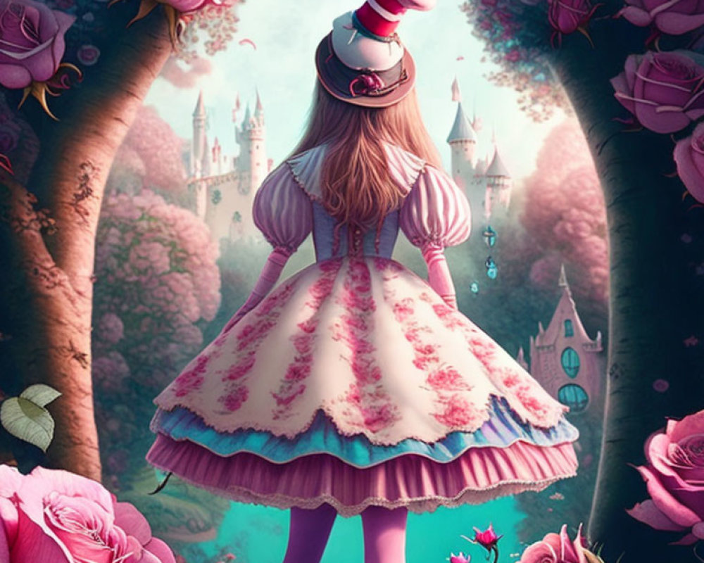 Victorian girl gazes at fantasy castle in enchanted garden