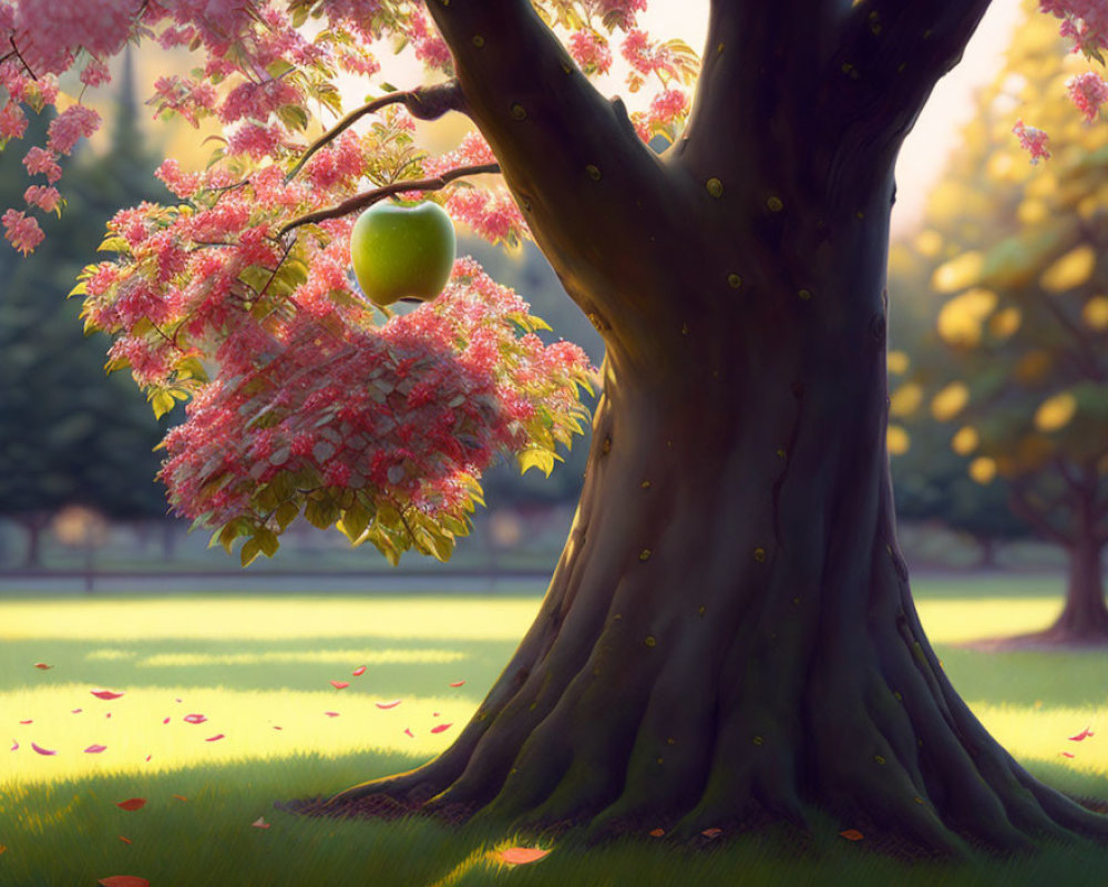 Tranquil park setting with blossoming tree and apple under sunlight