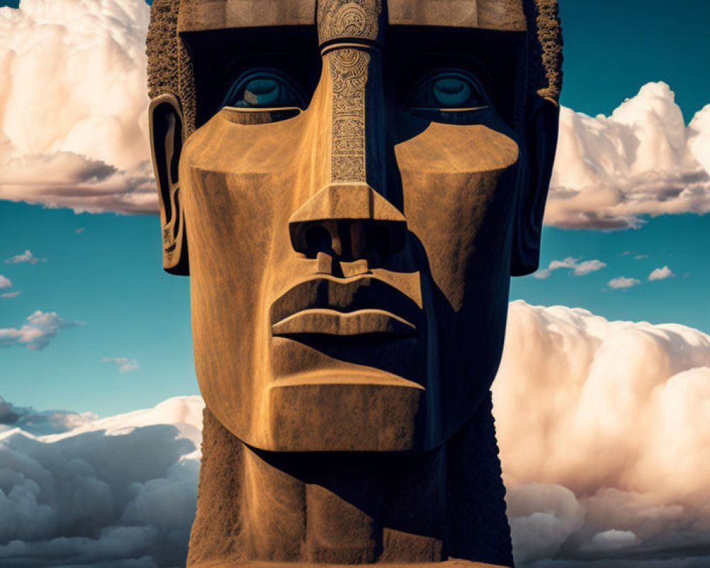Massive Stone Head Sculpture in Desert with Detailed Facial Features