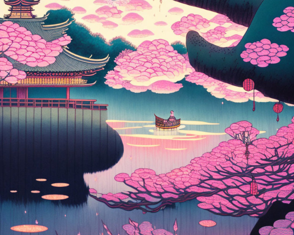 Japanese temple scene with cherry blossoms, rowboat, and lanterns.