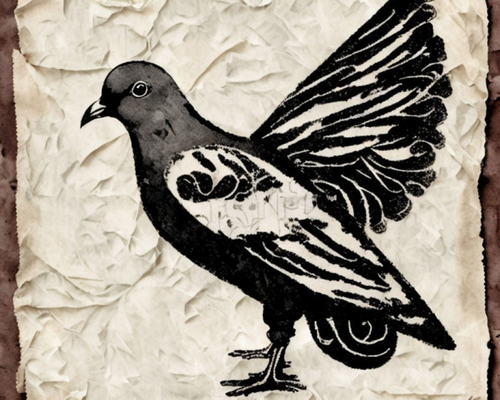 Pigeon Ink Sketch on Crumpled Vintage Paper