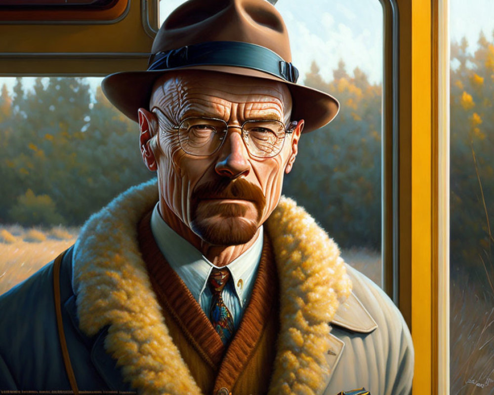 Man with glasses, goatee, fedora, fur collar coat, tie in golden backdrop.