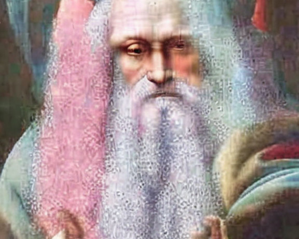 Altered image blending man's face with classical painting of bearded figure
