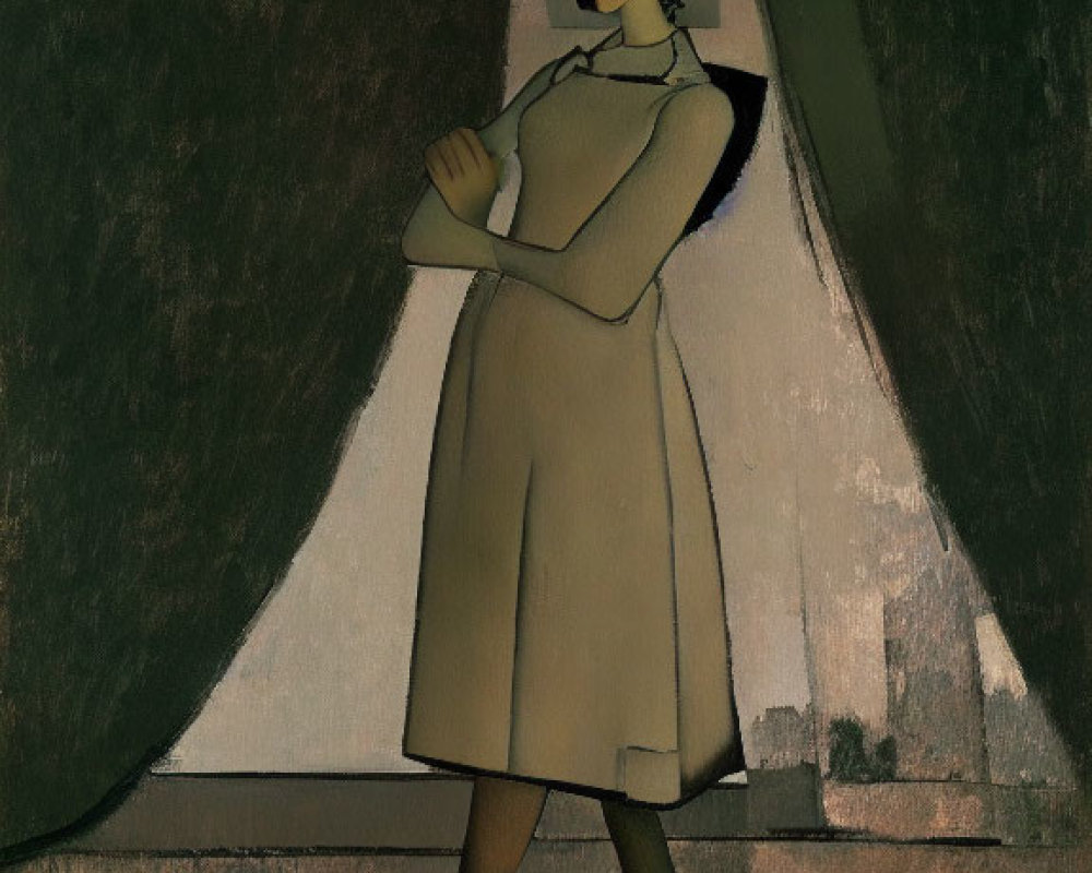 Stylized painting of woman in dimly lit space with muted colors