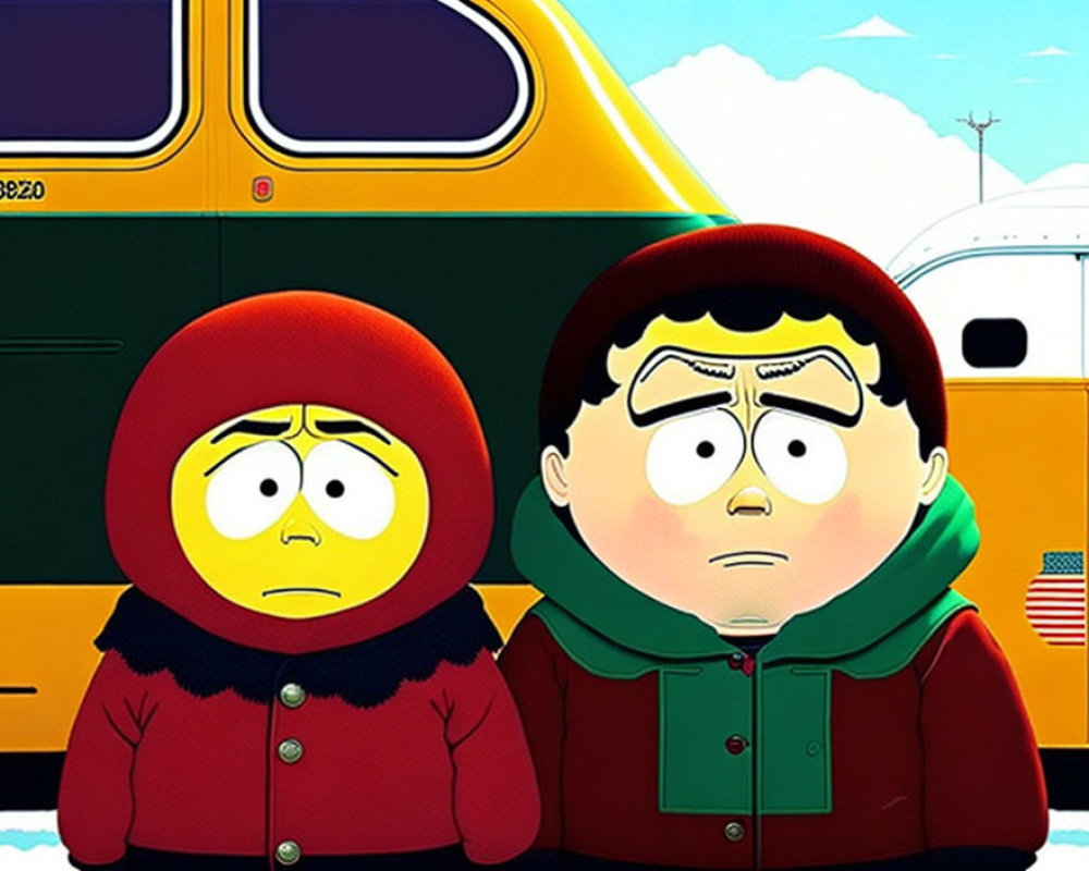Animated characters in red and green outfits by a yellow school bus
