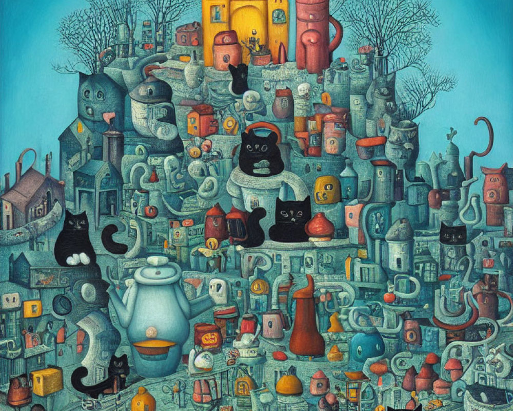 Whimsical cat-themed town illustration with stylized felines