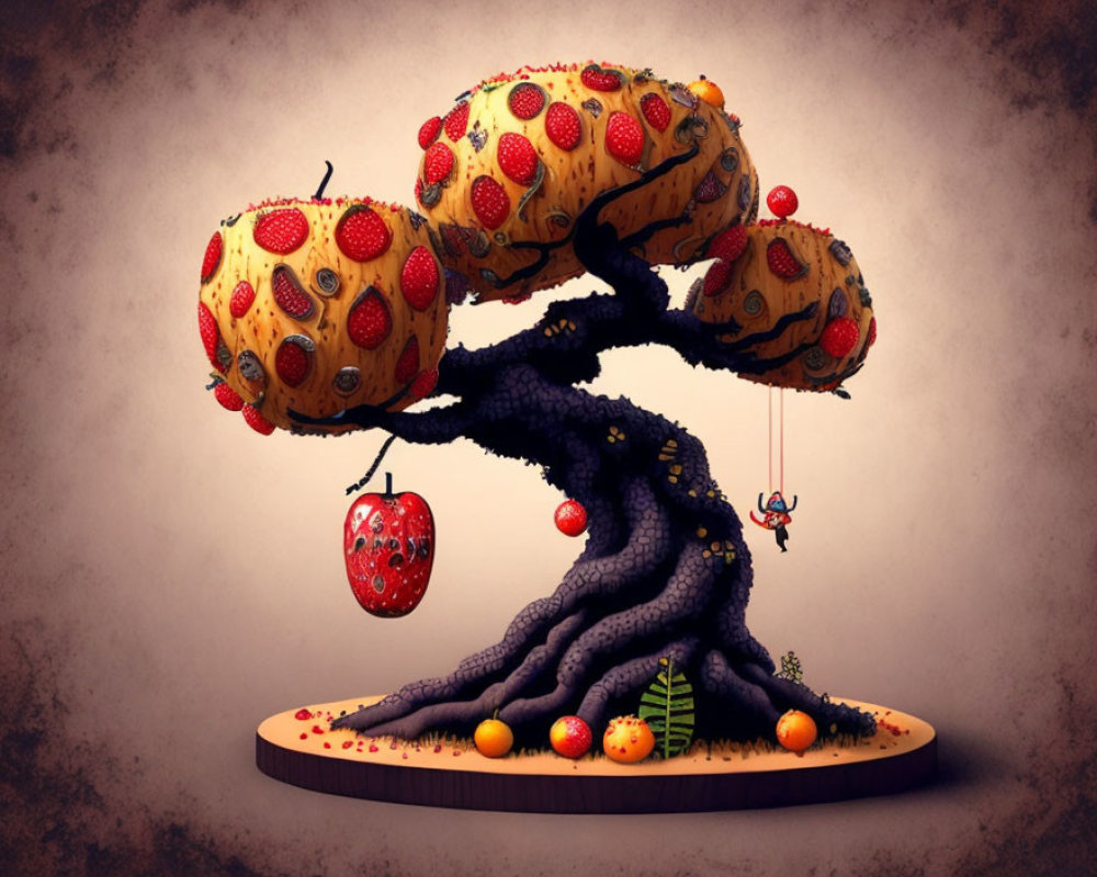 Illustration of whimsical tree with cupcake canopies, strawberries, cherries, and swinging character