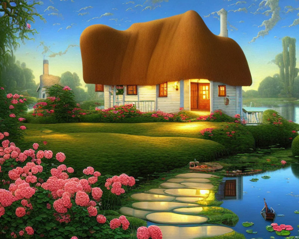 Whimsical mushroom-shaped cottage in lush garden with pond and pink flowers