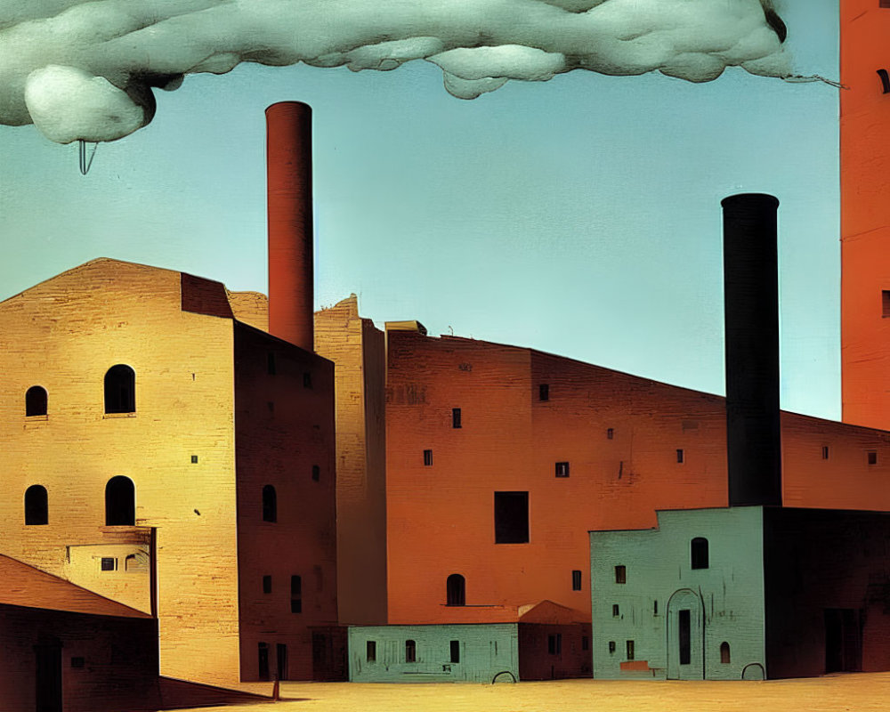 Surreal industrial painting with exaggerated shadows and orange buildings against deep blue sky