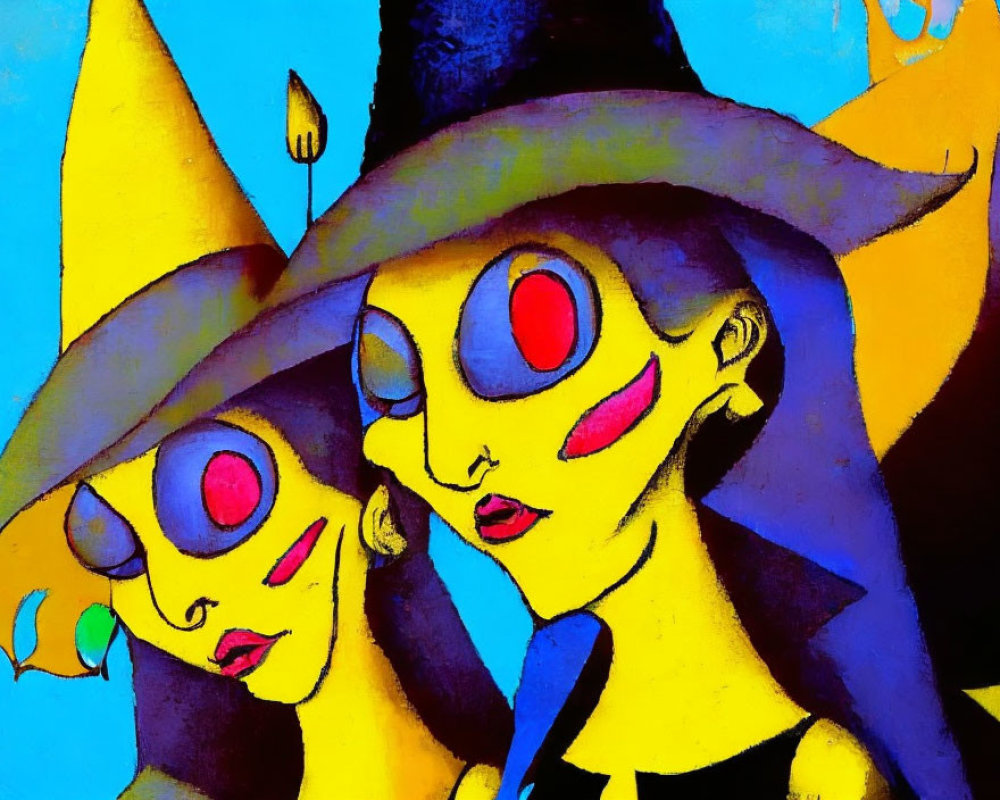 Vibrant painting of stylized figures in oversized hats and bold colors