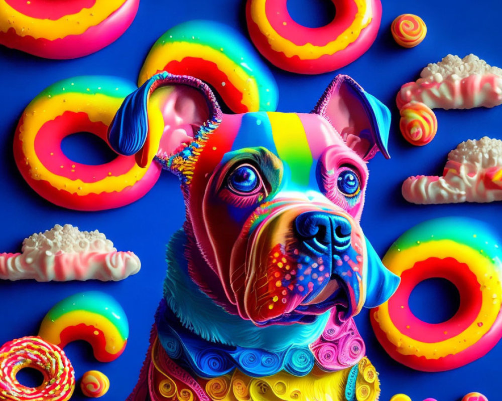 Colorful Digital Artwork: Stylized Dog with Neon Donuts and Candy Shapes
