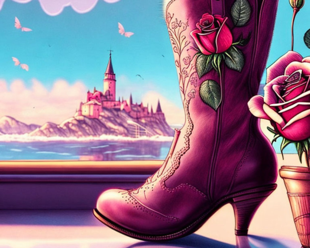 Pink Boot with Rose Design Illustration Against Castle, Clouds, Butterflies
